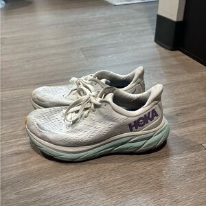 Hoka Clifton white, blue and orange